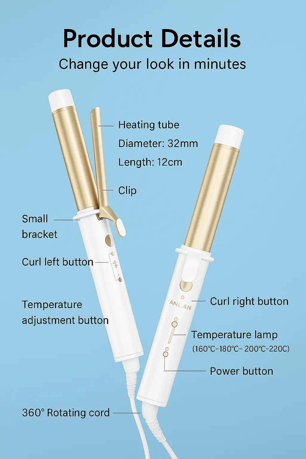 CurlCraft Smart Styling Tool features, including heating tube, temperature control, and rotating cord for effortless curls.