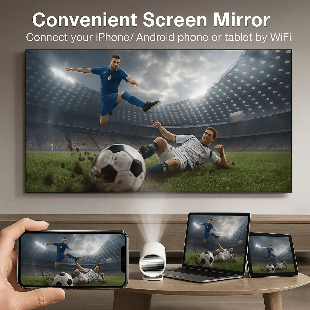 Person screen mirroring soccer game from phone to projector on a large display in a stadium setting.