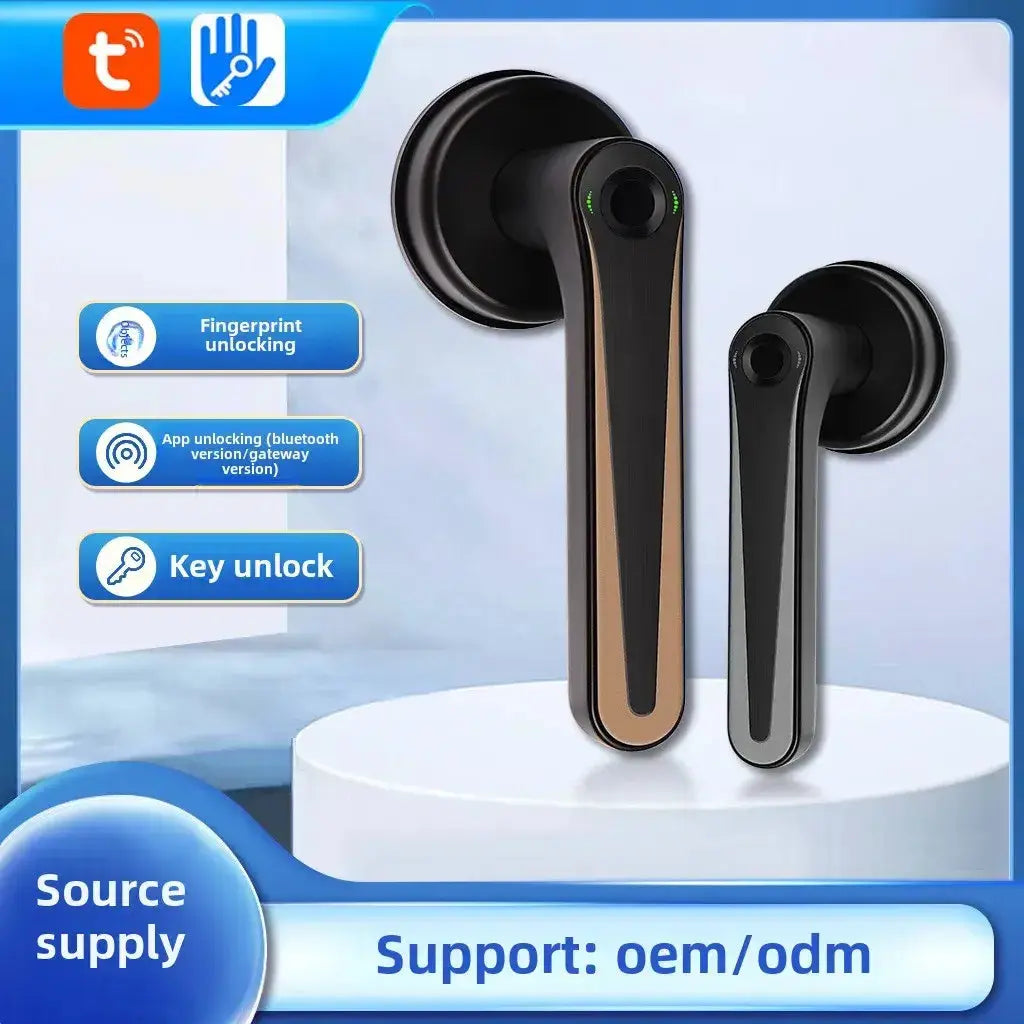 Smart Handle Door Lock featuring fingerprint, app, and key unlocking options for enhanced security and convenience.