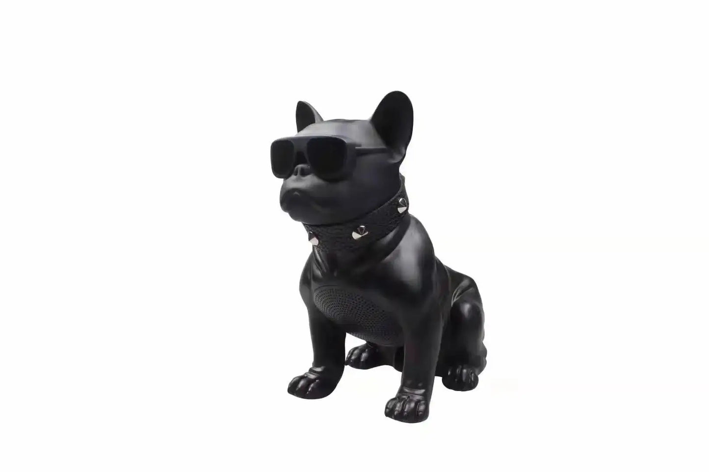 Bulldog Super Bass Wireless Speaker in black with sunglasses, showcasing a stylish, compact design for music lovers.