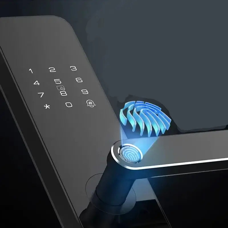 Close-up of GripSense 5551 smart lock showcasing Hand Squeeze Technology and fingerprint scanner.