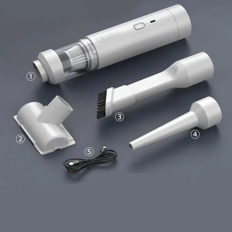 AeroVac One Portable Car Vacuum Cleaner with accessories on a gray background.