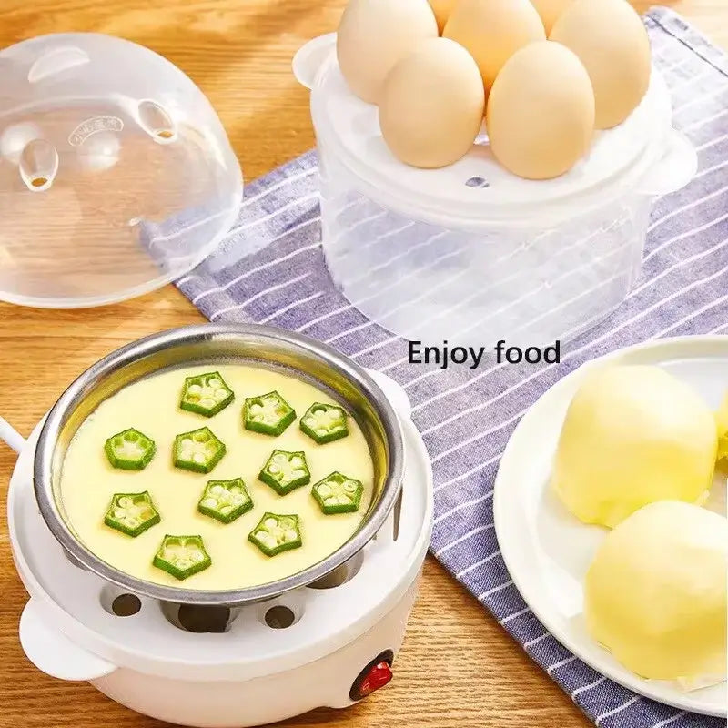 SteamMate Pro with eggs and steamed food, showcasing a multifunctional breakfast steamer for healthy meals.