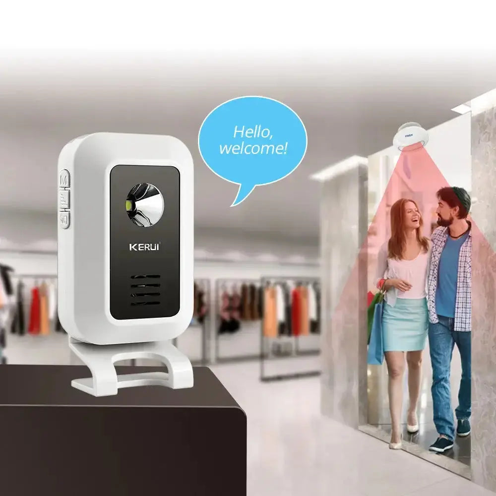 Wireless motion sensor doorbell chime welcoming guests with customizable ringtones and security alert in a store.