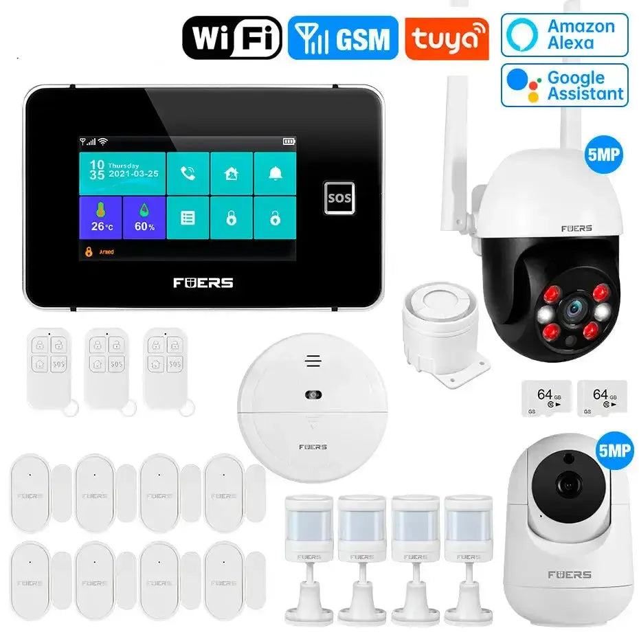 4.3 Inch TFT screen WiFi GSM smart home security system with accessories and compatibility logos.