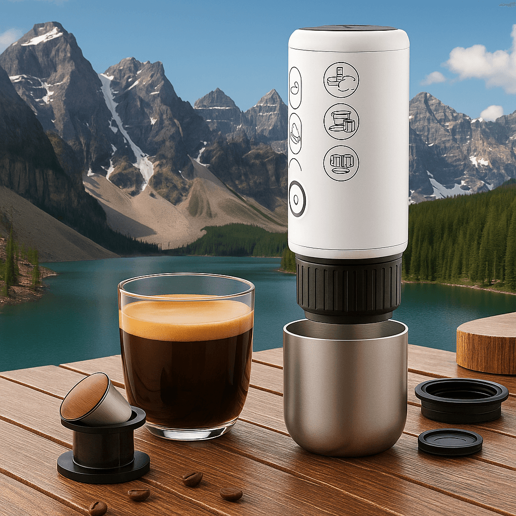 BaristaPod Portable Coffee Maker with espresso in nature, ideal for travel and outdoor adventures.