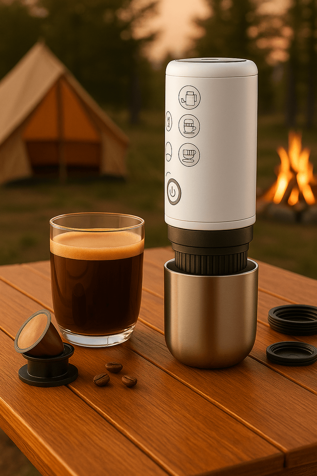 BaristaPod portable coffee maker with rich espresso, coffee cup, and camping setup in background.