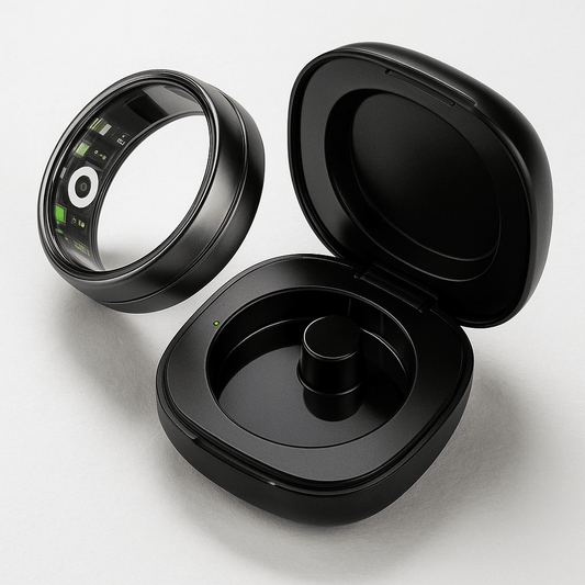 VitalTrack Wellness Ring and sleek charging case, tracking heart rate and activity in a compact design.