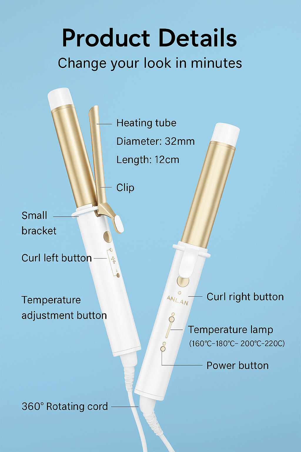 CurlCraft Smart Styling Tool features, including heating tube, temperature control, and rotating cord for effortless curls.
