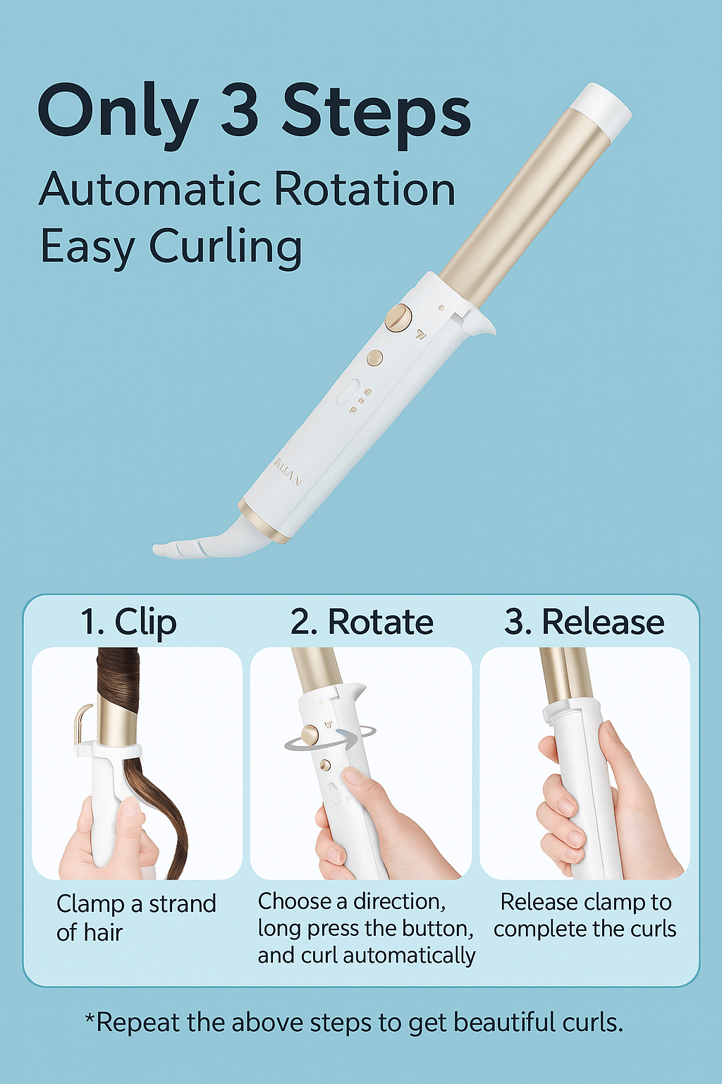 CurlCraft Smart Styling Tool infographic showing 3 easy steps for automatic curling: Clip, Rotate, Release.
