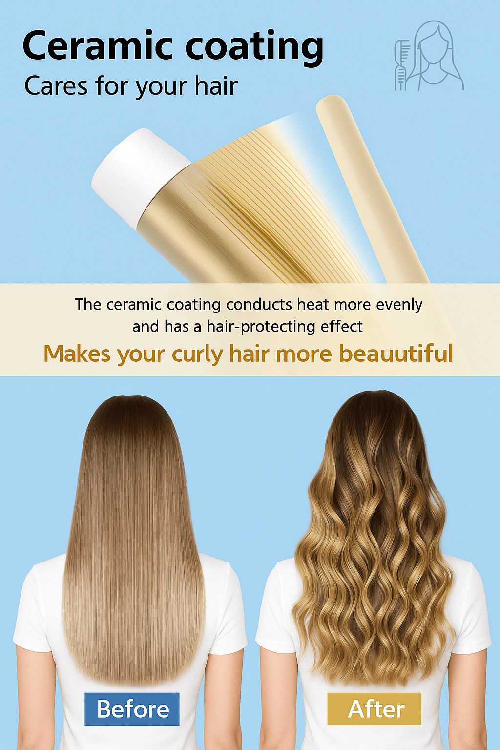 Illustration showing ceramic coating benefits for hair, with before and after images of straight and curly hair.