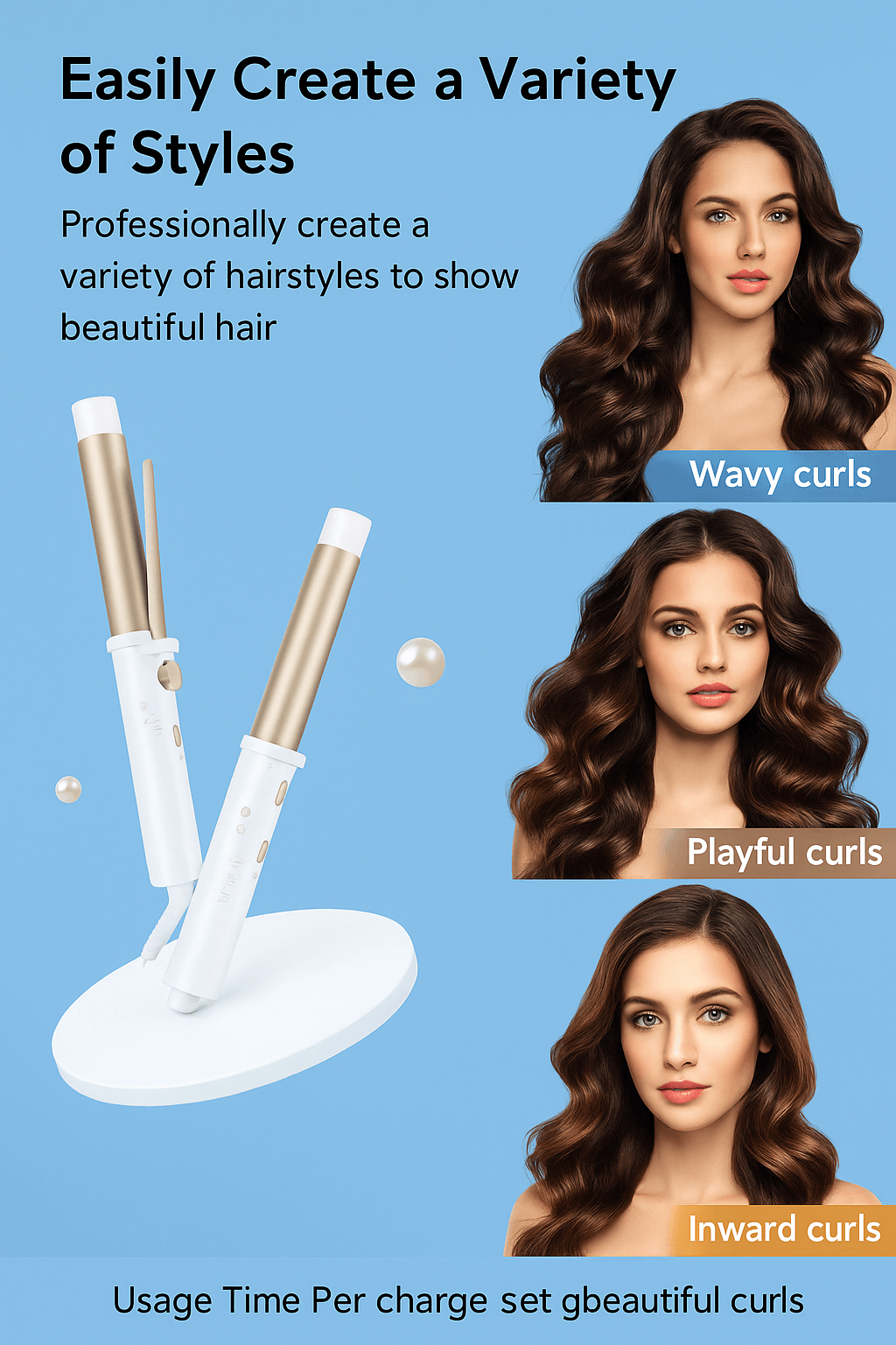 CurlCraft Smart Styling Tool showcasing wavy, playful, and inward curls for beautiful hairstyles.