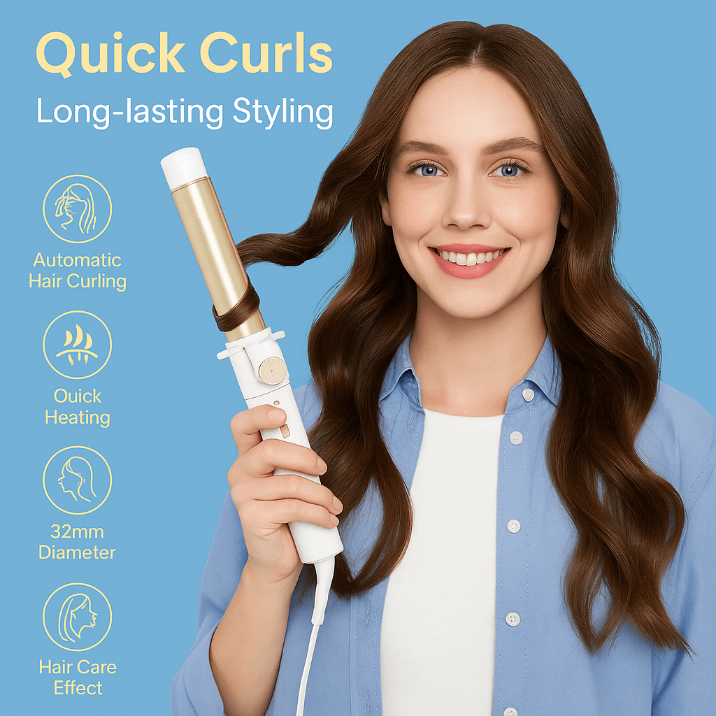 CurlCraft Smart Styling Tool, automatic hair curling iron, quick heating, 32mm diameter for long-lasting curls.