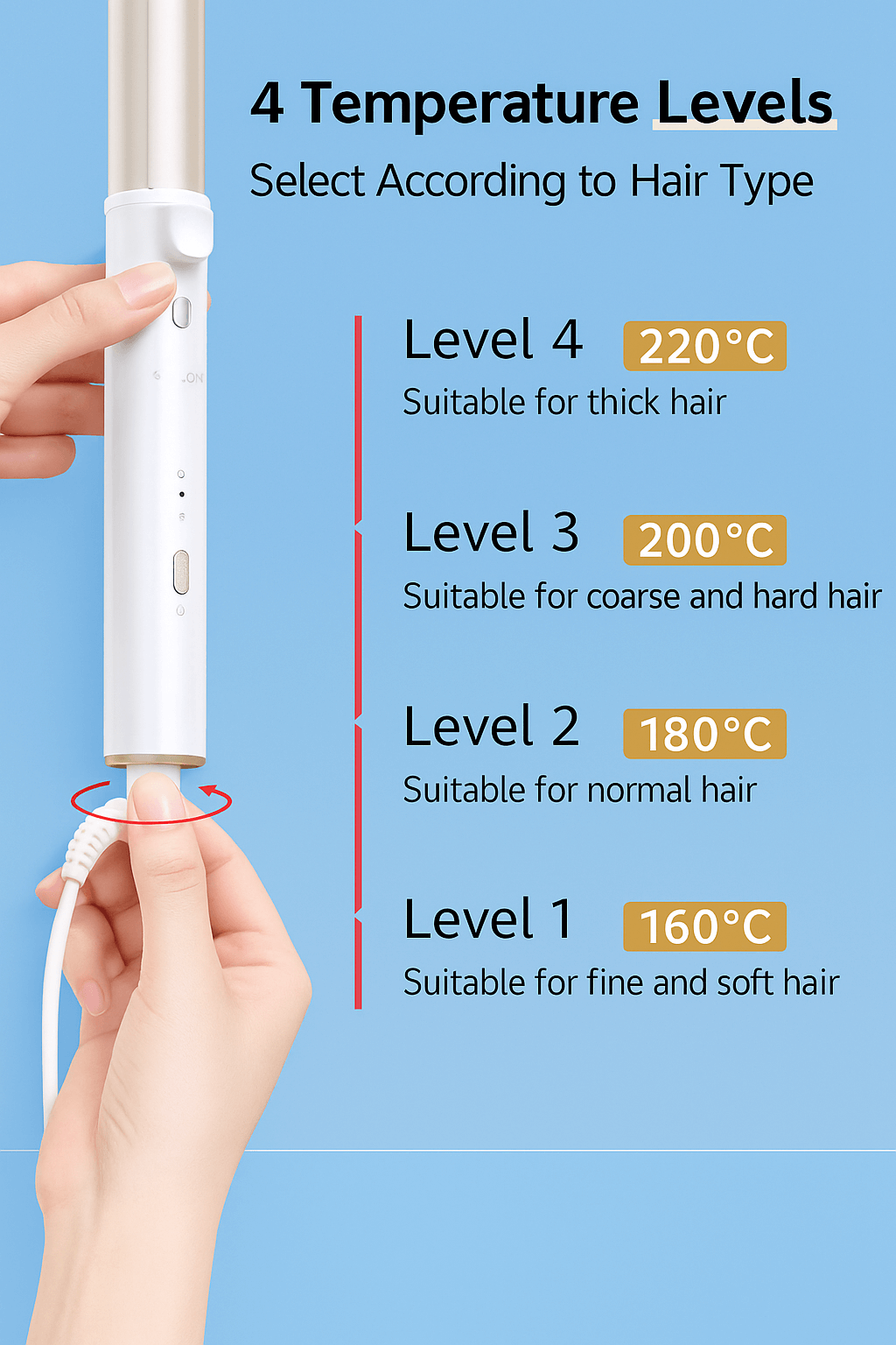 CurlCraft Smart Styling Tool with 4 temperature levels for different hair types, displaying optimal heat settings.