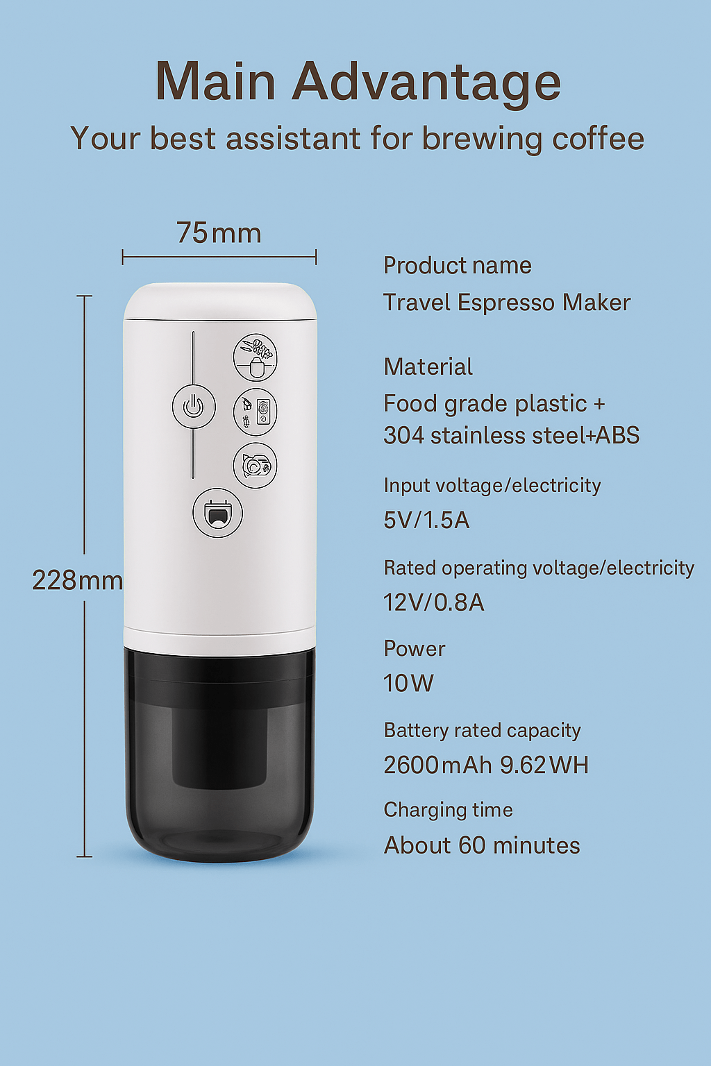 Travel Espresso Maker with user-friendly features for brewing coffee on the go, made from food-grade plastic and stainless steel.
