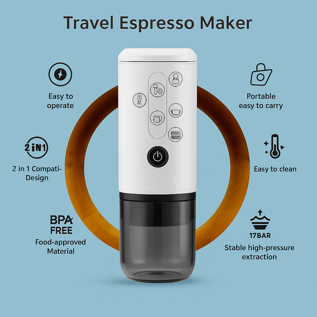 BaristaPod Portable Coffee Maker with intuitive controls and portable design for travel and outdoor adventures.