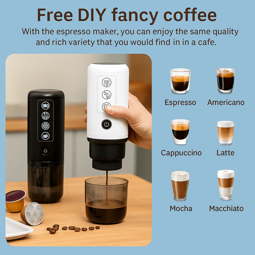 BaristaPod coffee maker producing espresso, showcasing various coffee styles like Americano, Cappuccino, and Latte.