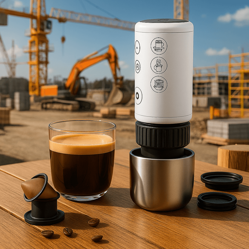 BaristaPod portable coffee maker with espresso and coffee capsule on a construction site.