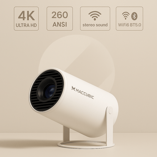 Magcubic HY300 Pro projector showcasing 4K Ultra HD, 260 ANSI lumens, Wi-Fi 6, Bluetooth 5.0, and stereo sound features.