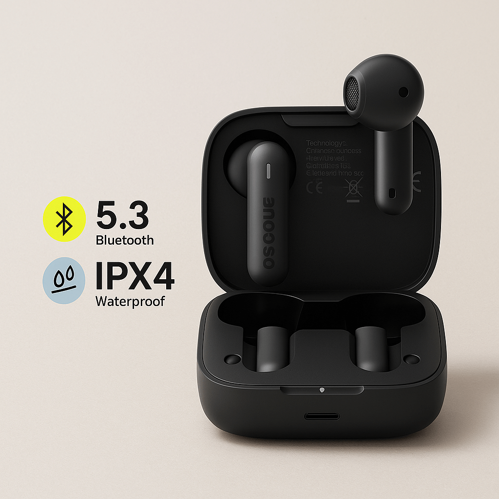 E16 Wireless Earphones case showing Bluetooth 5.3 and IPX4 waterproof features.