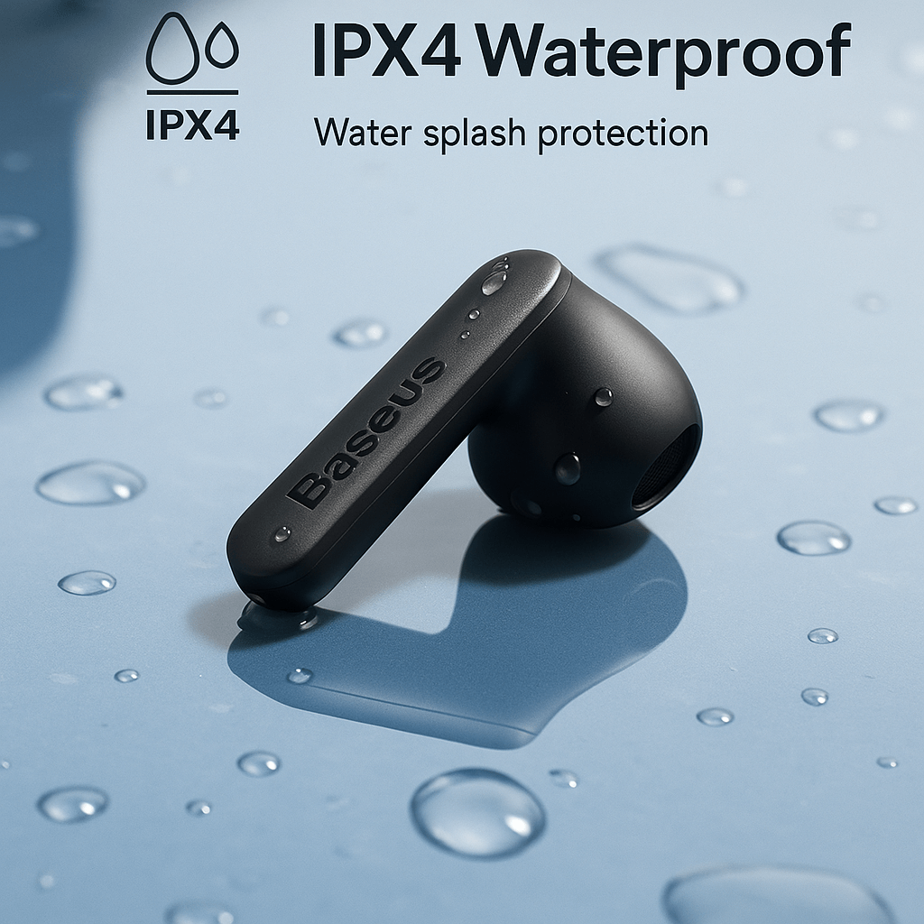 E16 wireless earphone showcasing IPX4 waterproof design with water splash protection.