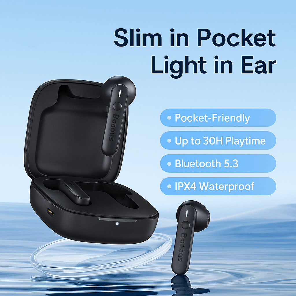 E16 Wireless Earphones, lightweight design, Bluetooth 5.3, IPX4 waterproof, pocket-friendly, 30H playtime