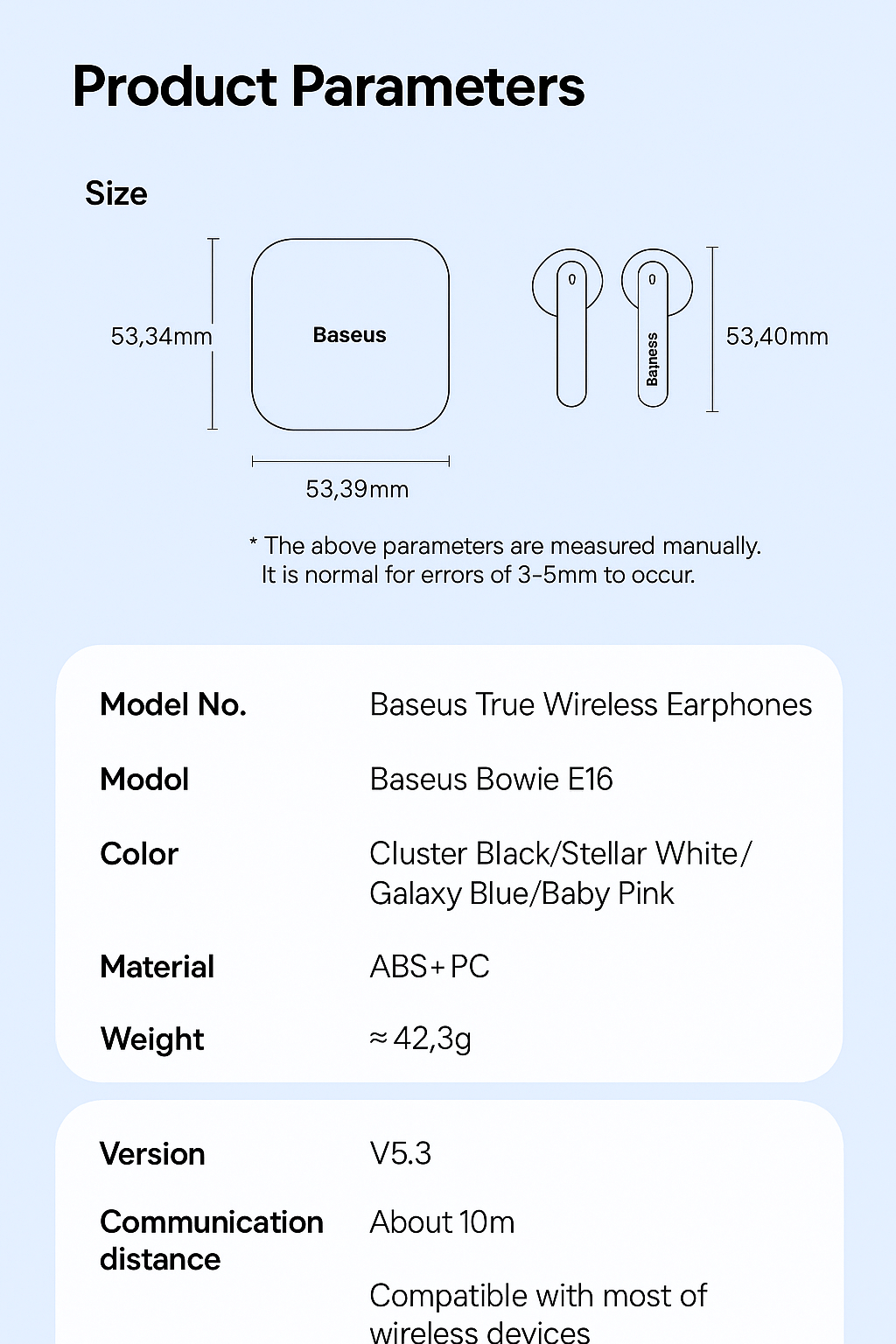 Product specifications for Baseus E16 Wireless Earphones, including size, model, color options, and material details.