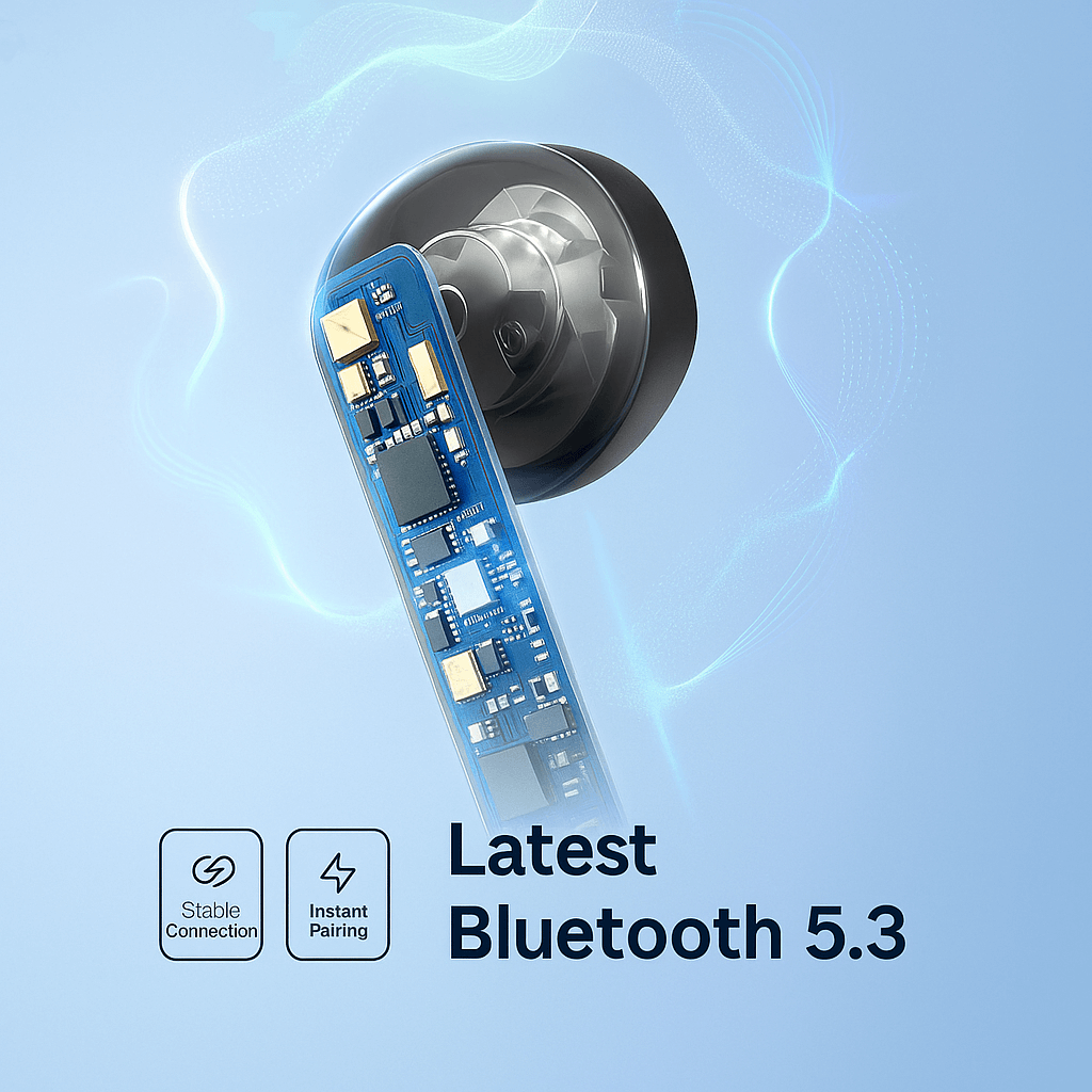 E16 wireless earphone showcasing latest Bluetooth 5.3 technology for stable connection and instant pairing.
