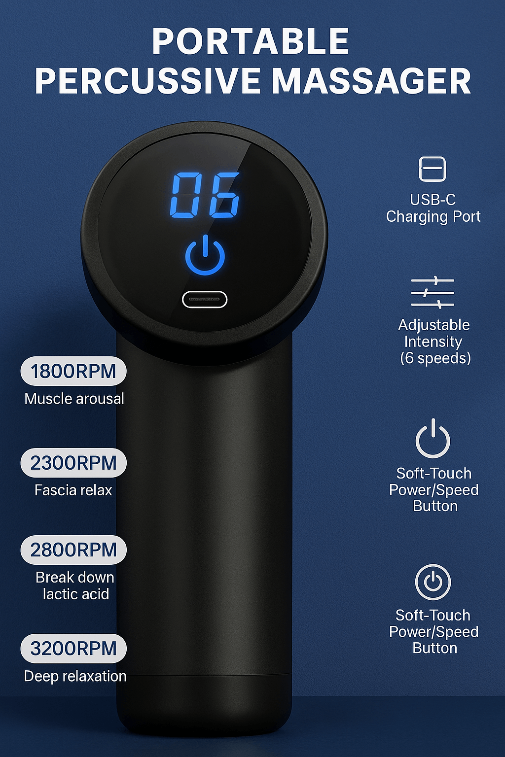 Portable percussive massager with adjustable intensity and USB-C charging port for deep muscle relief.
