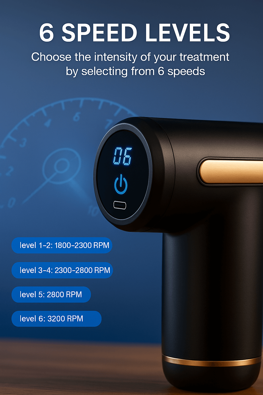 AthletePro Mini Therapy Gun showing 6 speed levels for customizable deep tissue treatment.