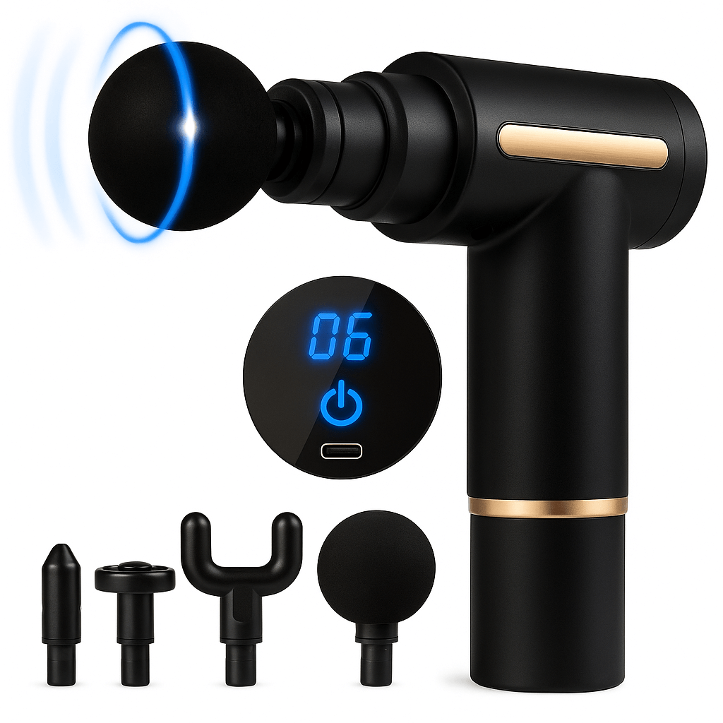 AthletePro Mini Therapy Gun, portable massage gun with multiple attachments for deep tissue relief and digital display.