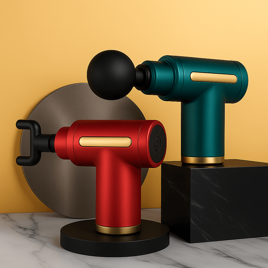 AthletePro Mini Therapy Gun in red and green, designed for deep tissue relief and portable recovery.