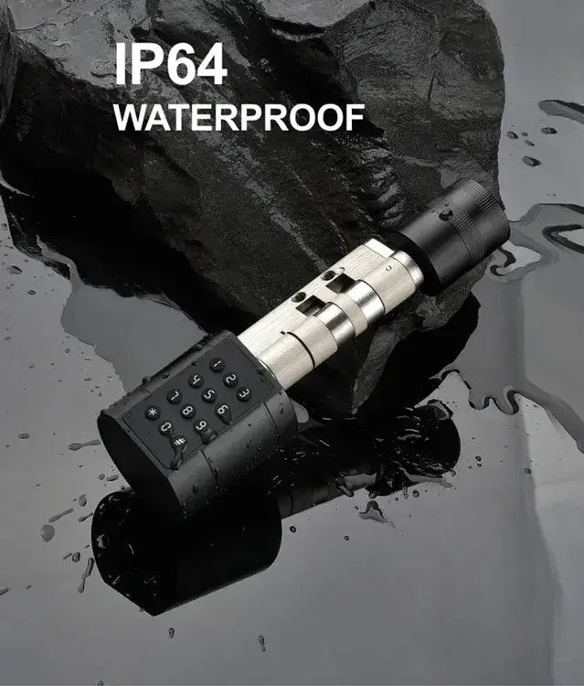 Smart lock cylinder with waterproof rating IP64, showcased on wet stone surface.