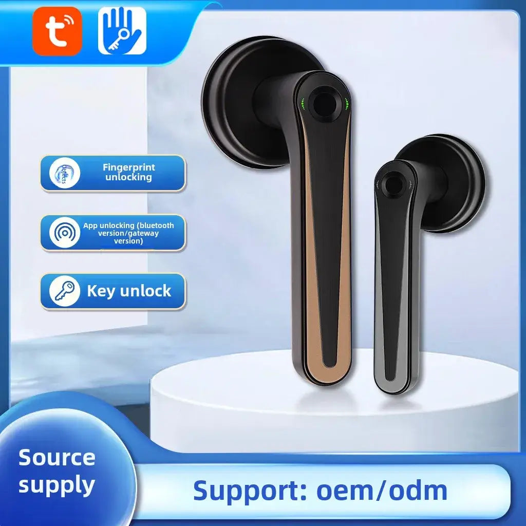 Smart Handle Door Lock featuring fingerprint, app, and key unlocking options for enhanced security and convenience.