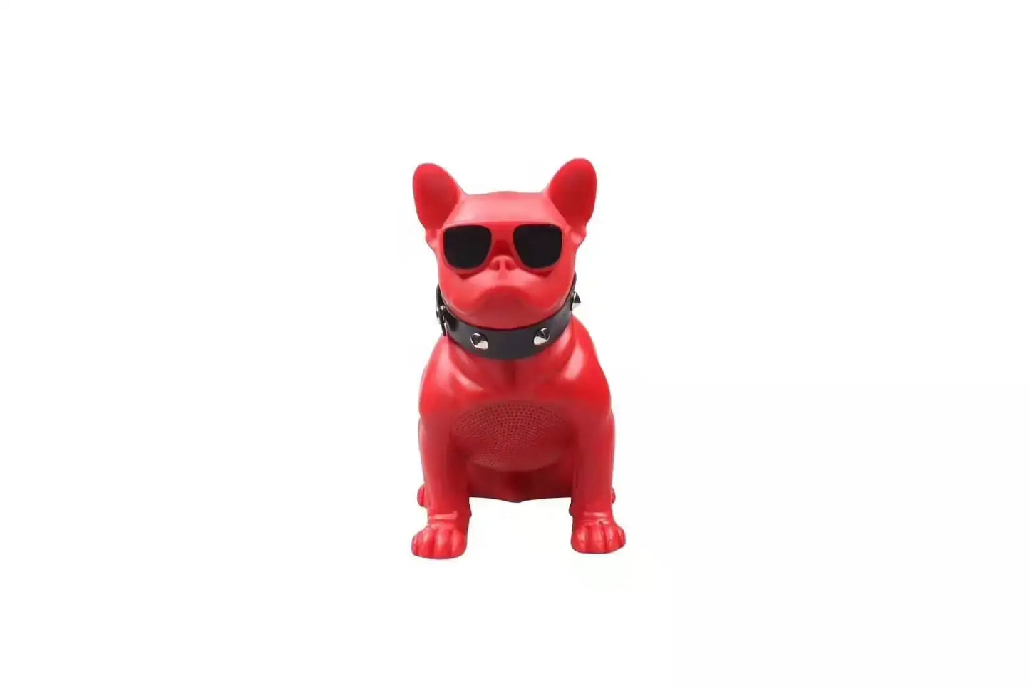 Red Bulldog Super Bass Wireless Speaker with sunglasses and a stylish collar, perfect for music lovers.