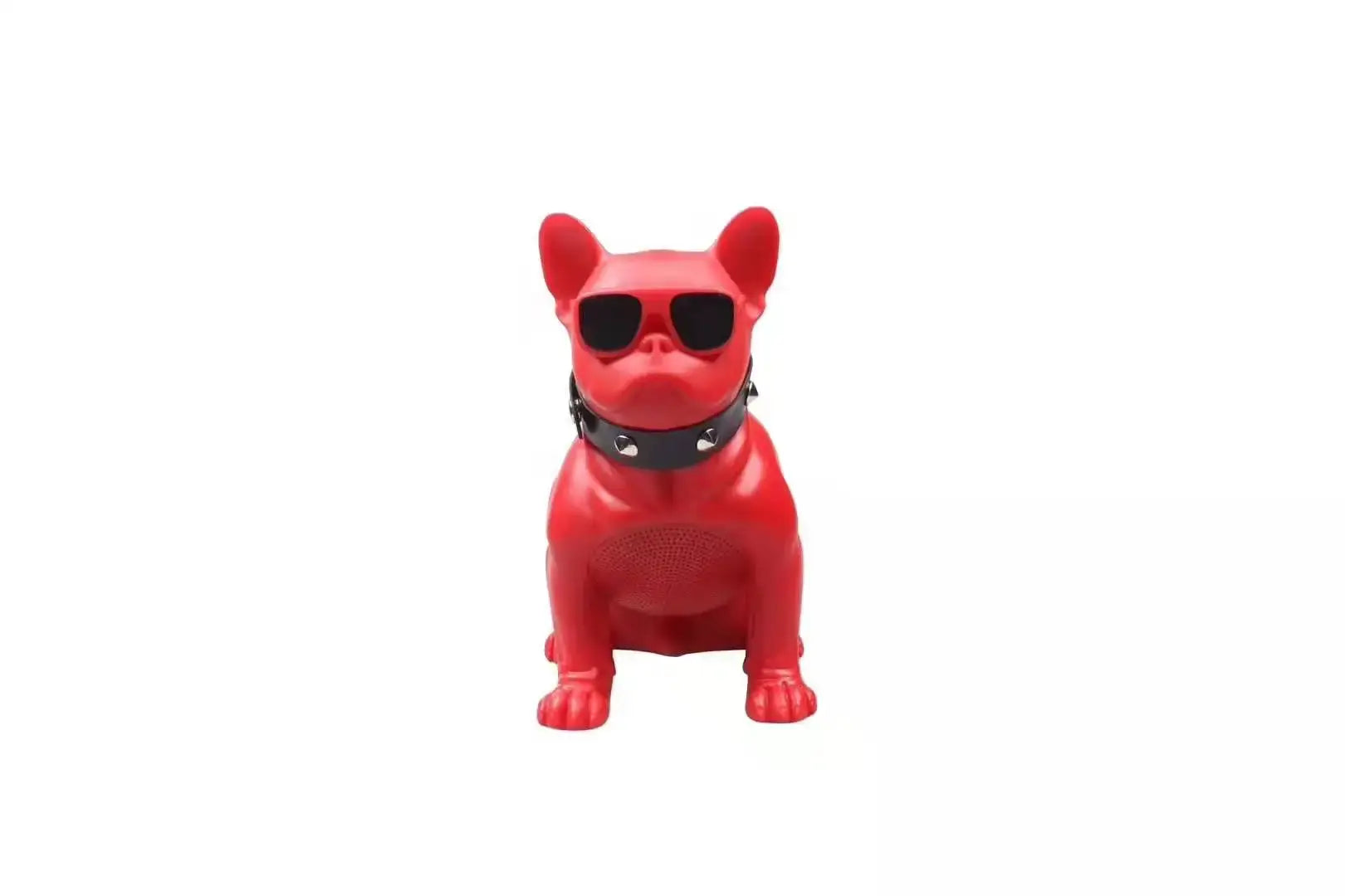 Red Bulldog Super Bass Wireless Speaker with sunglasses and a stylish collar, perfect for music lovers.