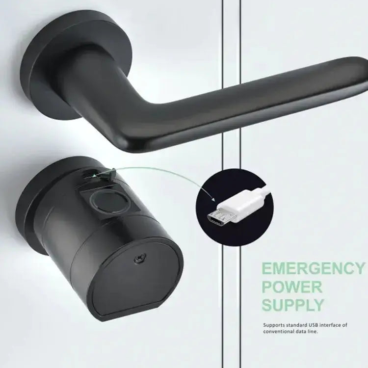 Smart Lock Cylinder featuring USB power supply for emergency access and modern door handle design.
