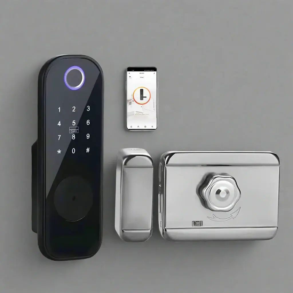 DFJ Smart Keyless Rim Lock with smartphone app control for secure door and gate access.