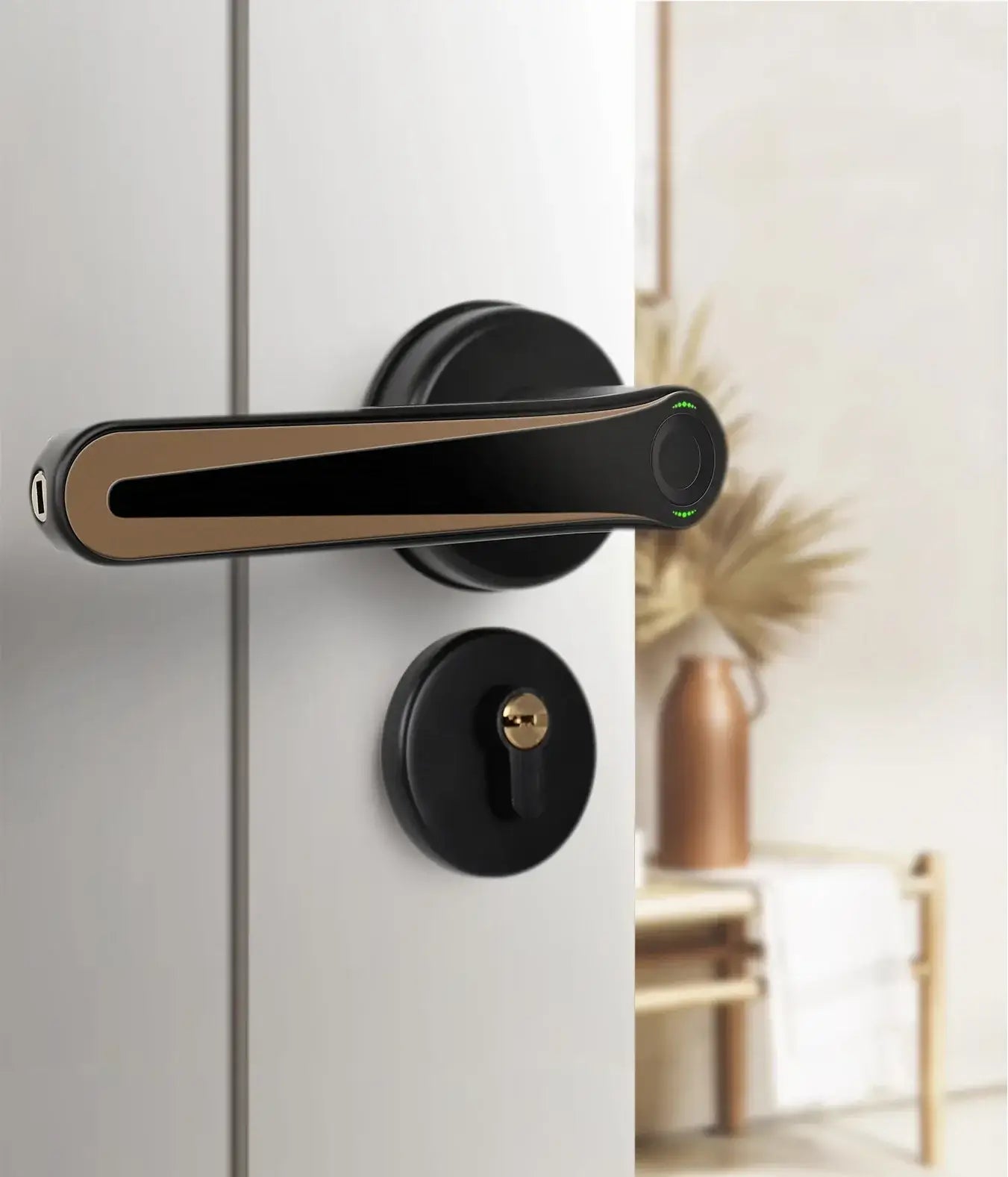 Smart Handle Door Lock with a sleek design featuring fingerprint access and traditional keyhole on a modern door.