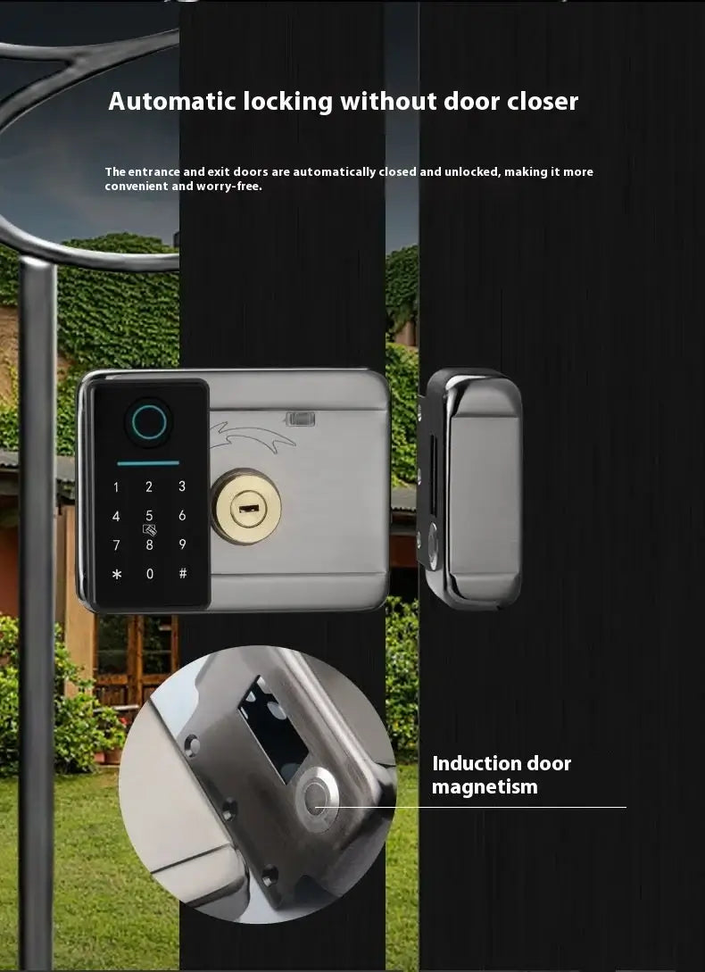 DFJ Smart Keyless Rim Lock with keypad for automatic locking, showcasing induction door magnetism and easy installation.