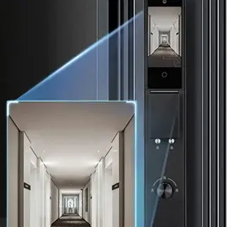 Close-up of a fully automatic smart lock display with hallway view, showcasing advanced face recognition technology.