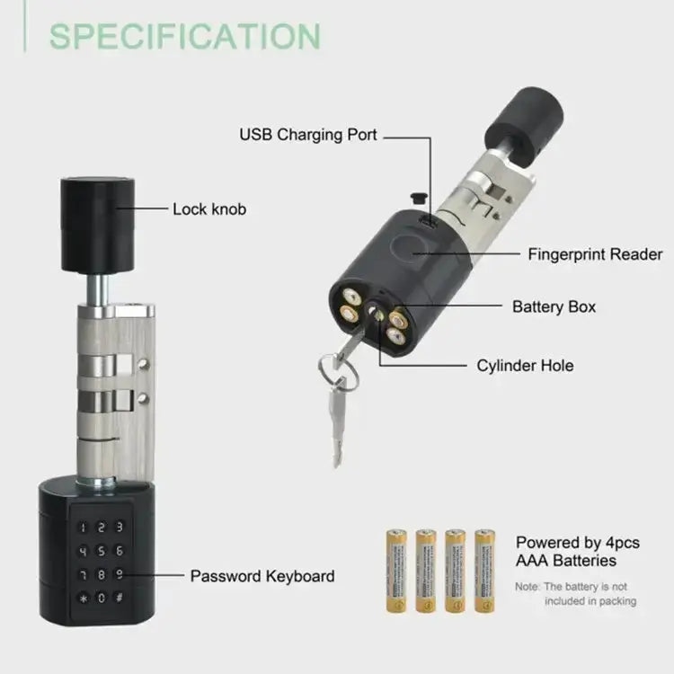 Smart Lock Cylinder features fingerprint reader, password keyboard, USB charging port, and battery box for easy access.