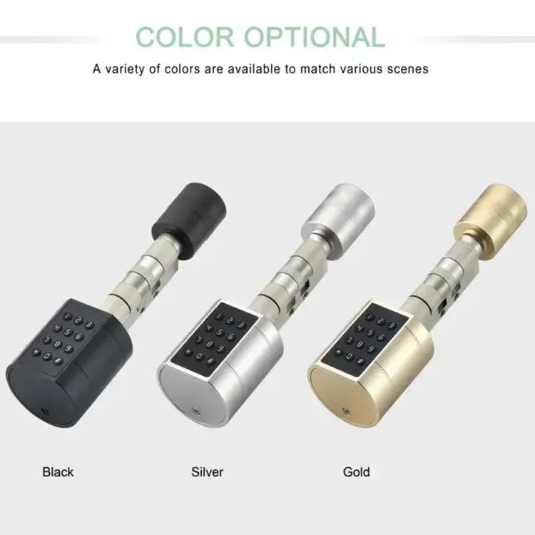 Smart Lock Cylinder in black, silver, and gold, showcasing color options for upgradeable door security.
