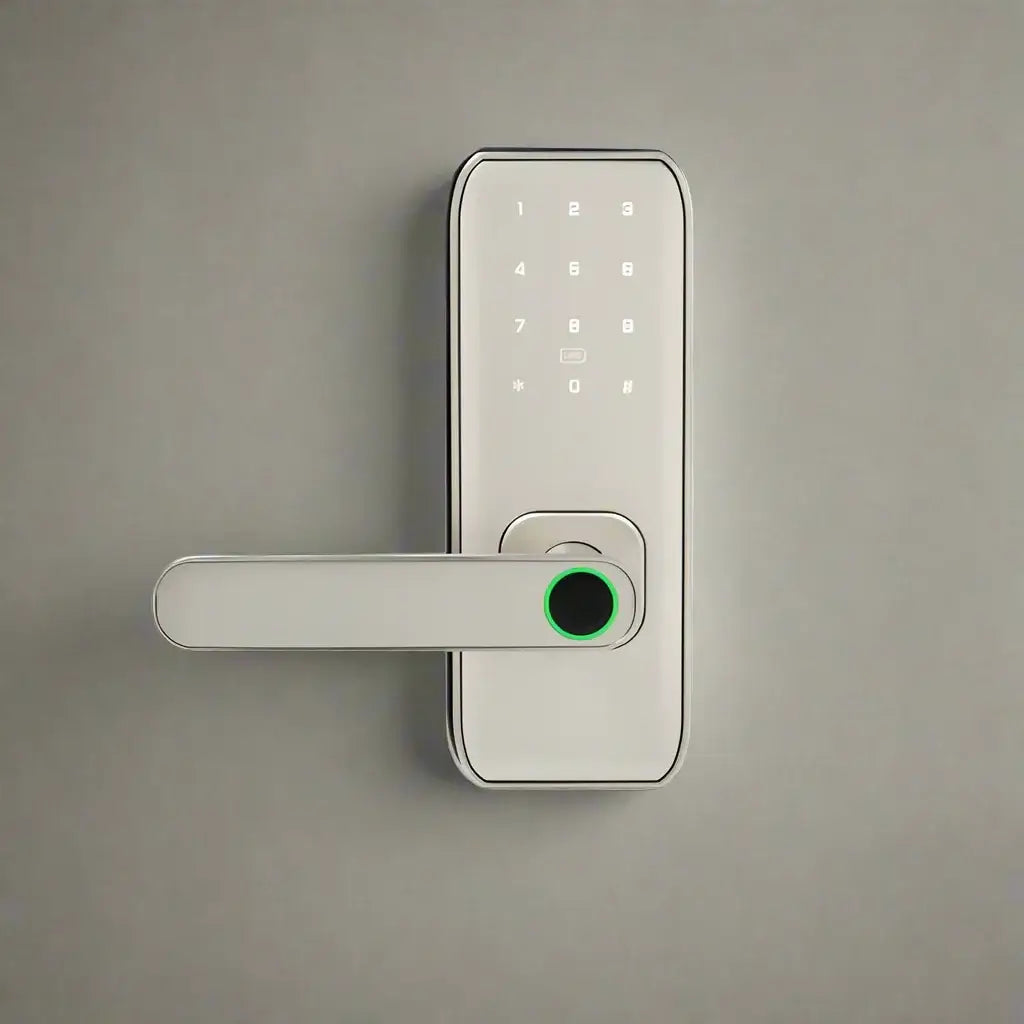 M1 Multi-Access Smart Door Lock featuring fingerprint scanner and digital keypad for secure access options.