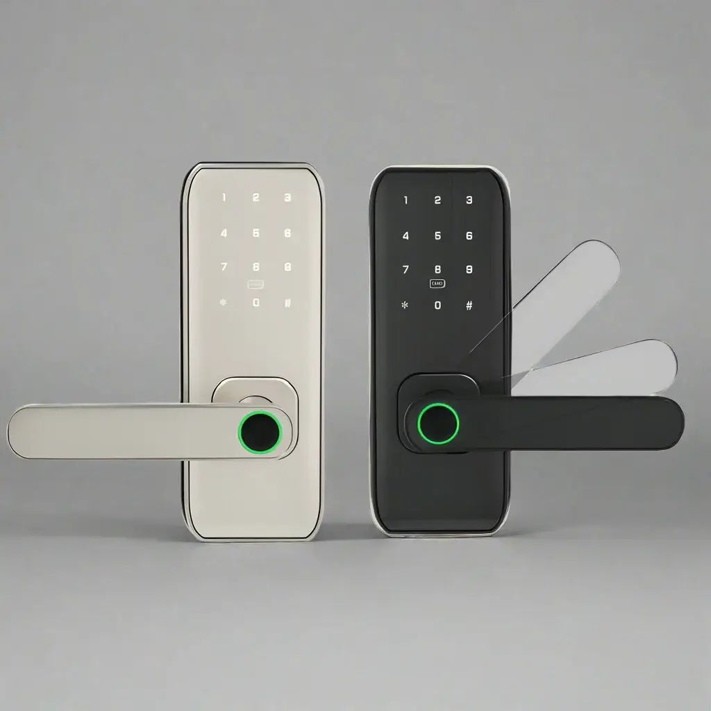 M1 Multi-Access Smart Door Lock in black and white, featuring a keypad and fingerprint access for ultimate security.
