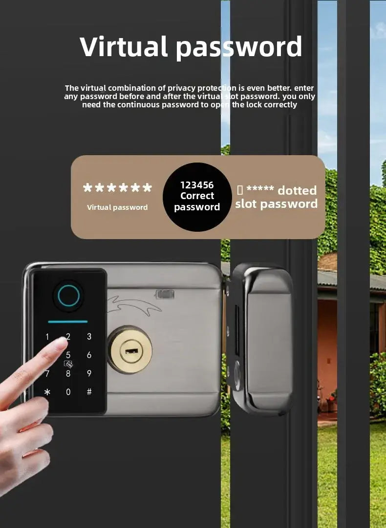 Hand entering virtual password on DFJ Smart Keyless Rim Lock for enhanced security and access control.