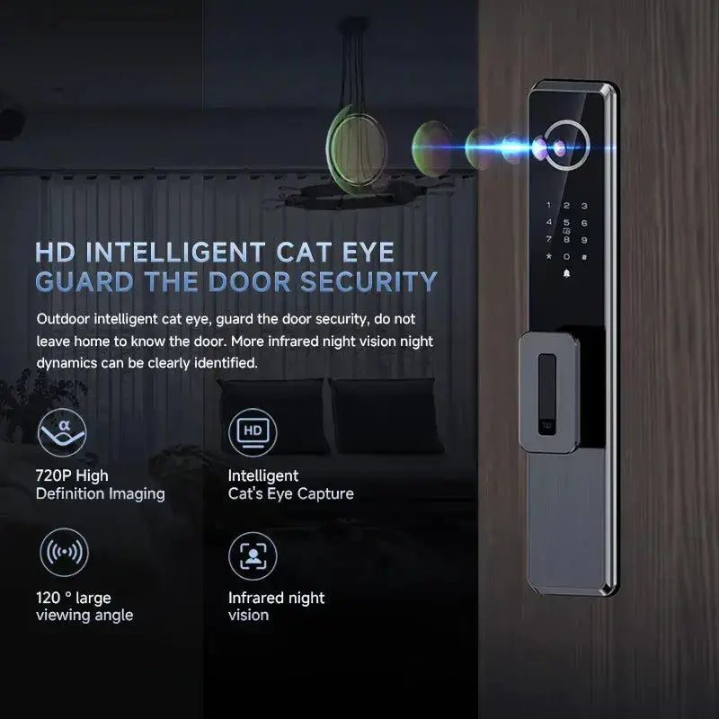 HD intelligent cat eye video door lock with 720P imaging and infrared night vision technology.