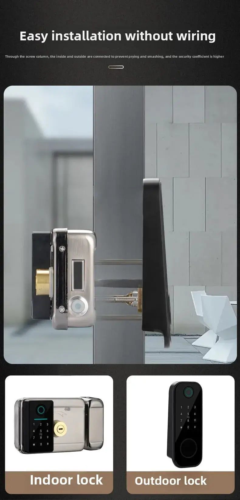 DFJ Smart Keyless Rim Lock installed on a door, showcasing easy installation for indoor and outdoor use.