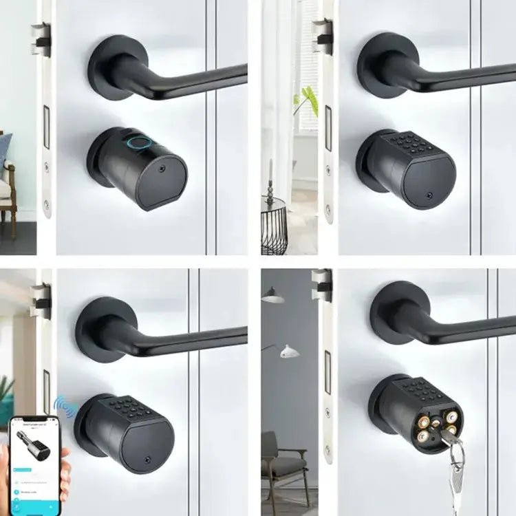 Smart Lock Cylinder with fingerprint and keypad access, showcasing dual app support for secure entry.