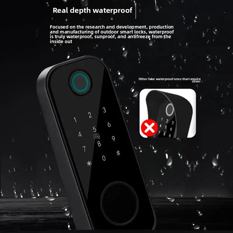 DFJ Smart Keyless Rim Lock showcasing its waterproof features and durable design for outdoor security.